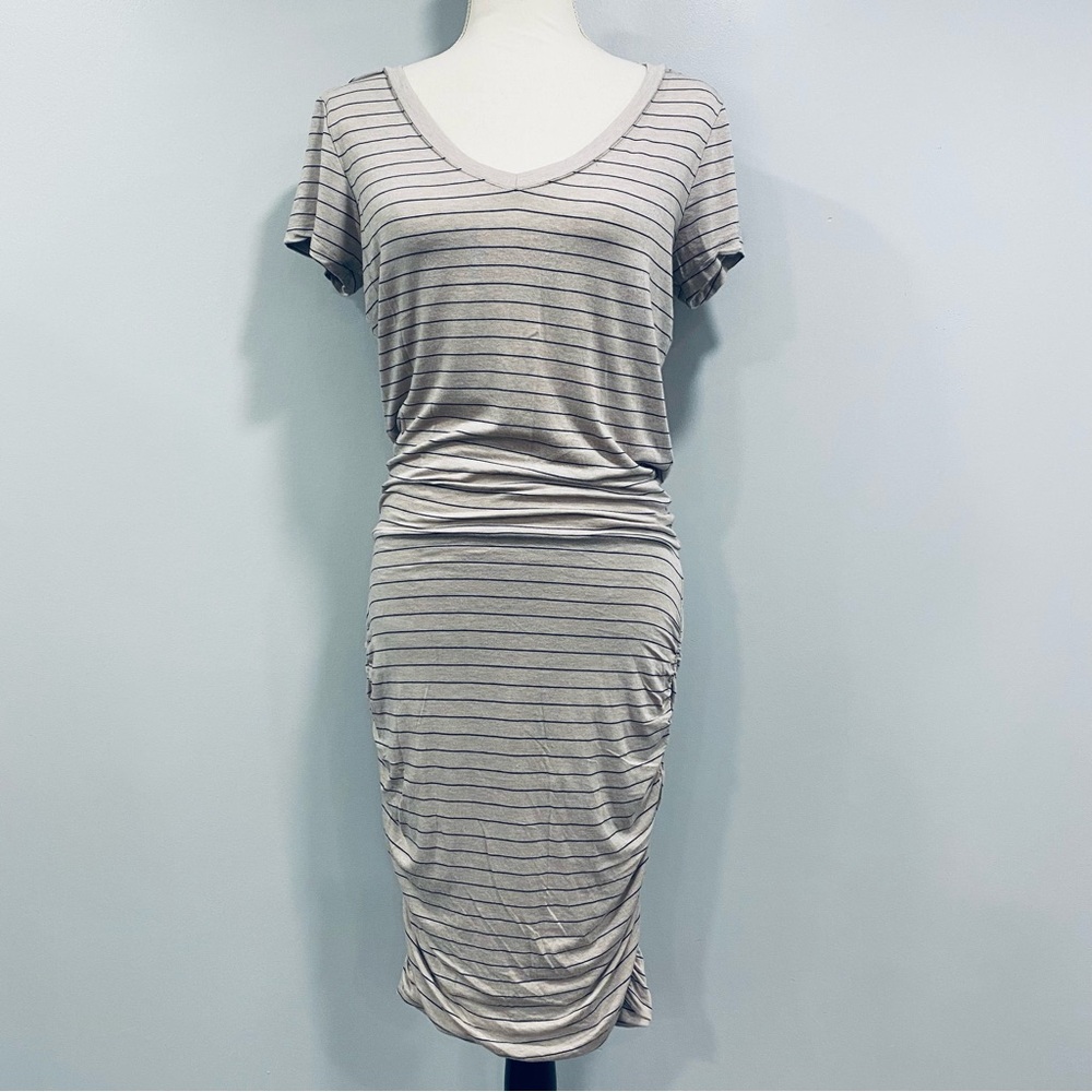 PRANA Foundation M Light Gray Striped Ruched Athletic T-Shirt Jersey Mini Dress